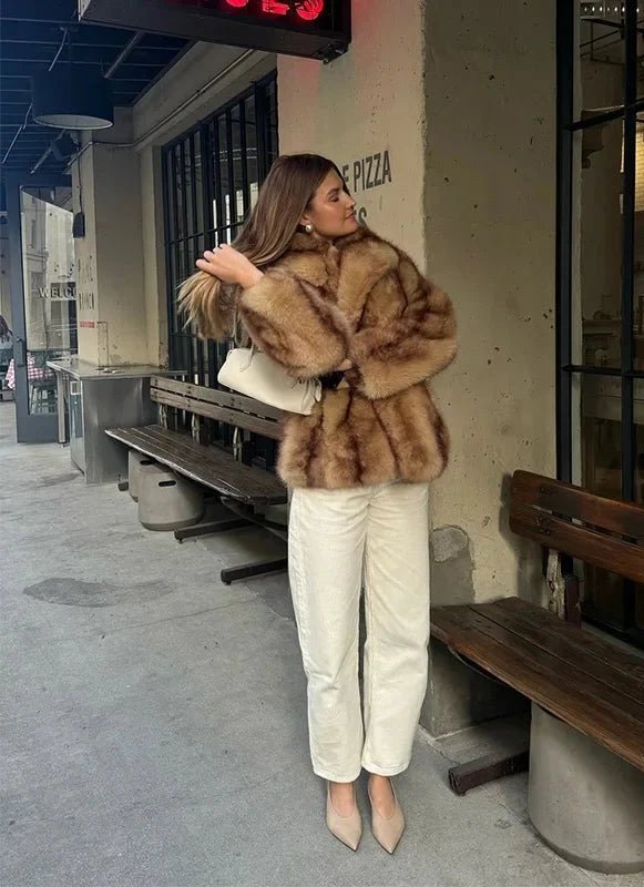 Brown Faux Fur Coat with Turn-Down Collar – Covered Button Coat