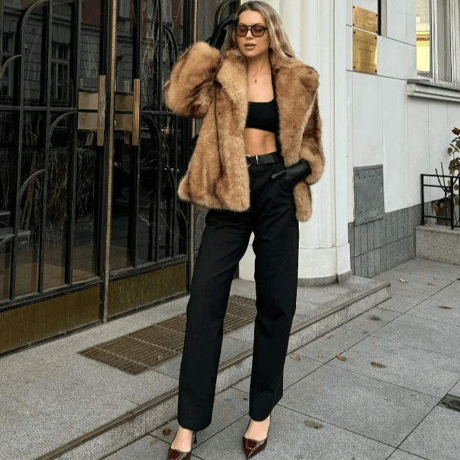 Brown Faux Fur Coat with Turn-Down Collar – Covered Button Coat