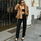 Brown Faux Fur Coat with Turn-Down Collar – Covered Button Coat