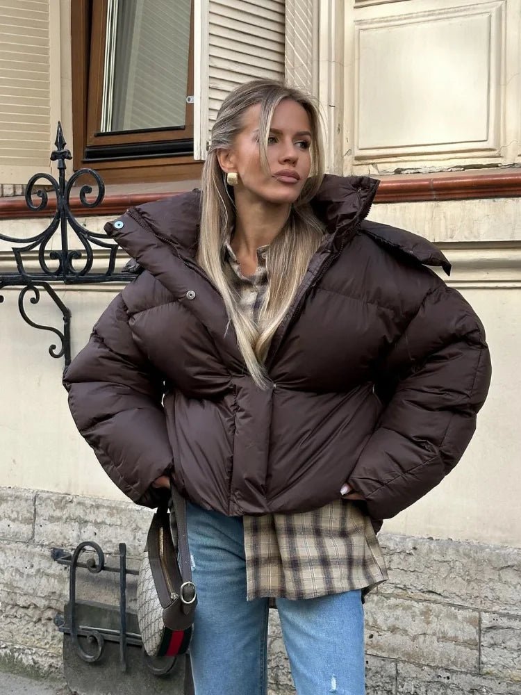 Short Hooded Puffer Jacket in Brown – Cropped Quilted Coat