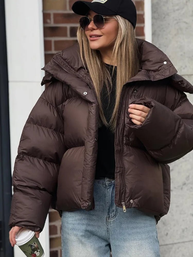 Short Hooded Puffer Jacket in Brown – Cropped Quilted Coat