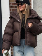 Short Hooded Puffer Jacket in Brown – Cropped Quilted Coat