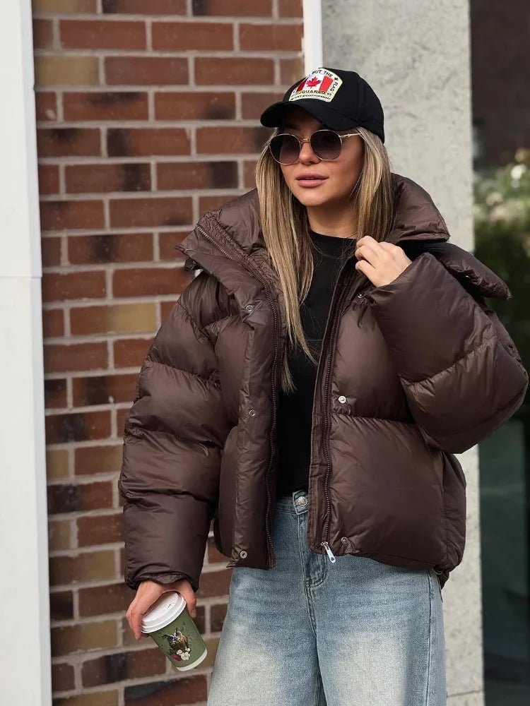 Short Hooded Puffer Jacket in Brown – Cropped Quilted Coat
