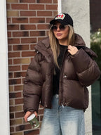 Short Hooded Puffer Jacket in Brown – Cropped Quilted Coat