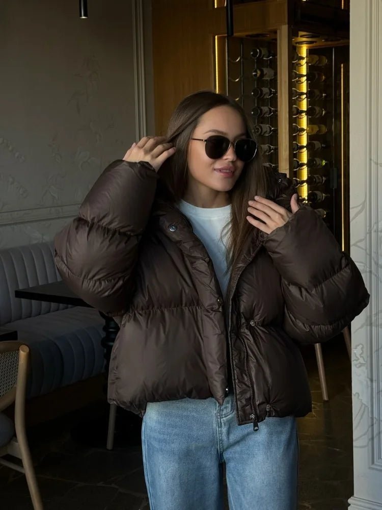 Short Hooded Puffer Jacket in Brown – Cropped Quilted Coat