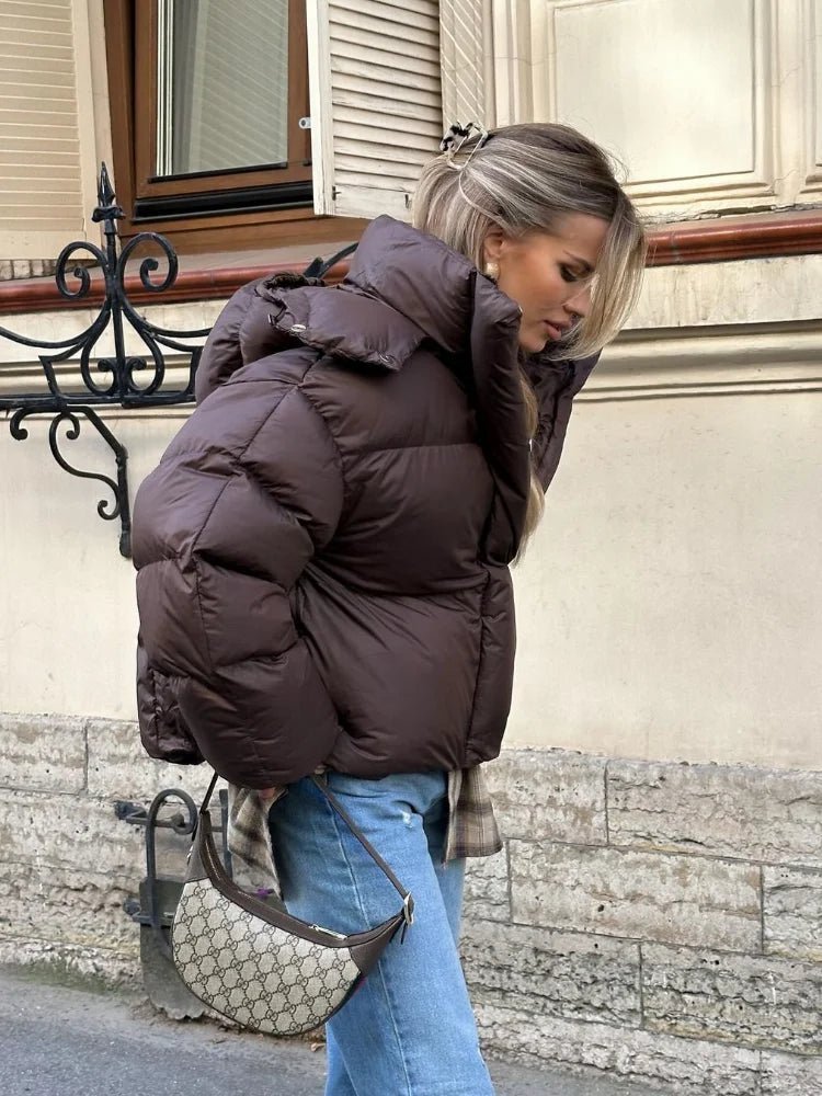 Short Hooded Puffer Jacket in Brown – Cropped Quilted Coat