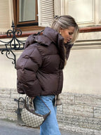 Short Hooded Puffer Jacket in Brown – Cropped Quilted Coat