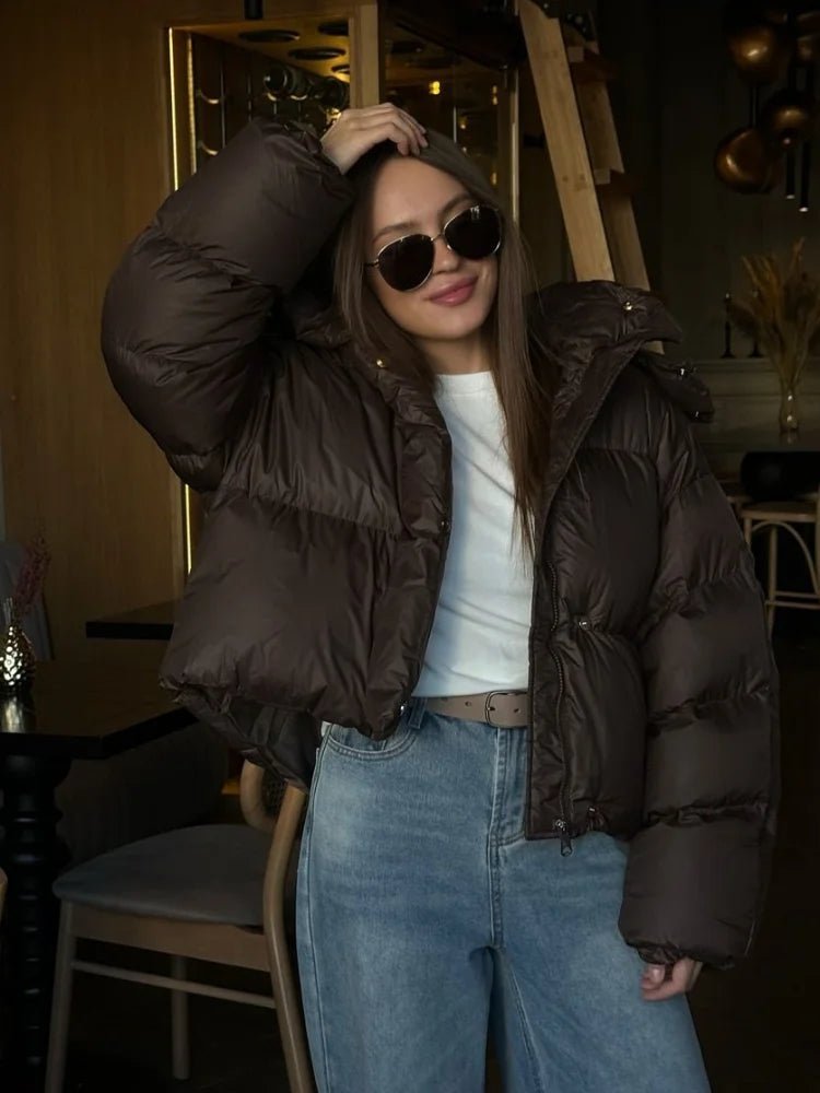 Short Hooded Puffer Jacket in Brown – Cropped Quilted Coat