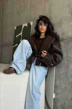 Cropped Vintage Vegan Leather Jacket – Chic Zip Jacket