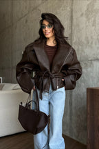 Cropped Vintage Vegan Leather Jacket – Chic Zip Jacket