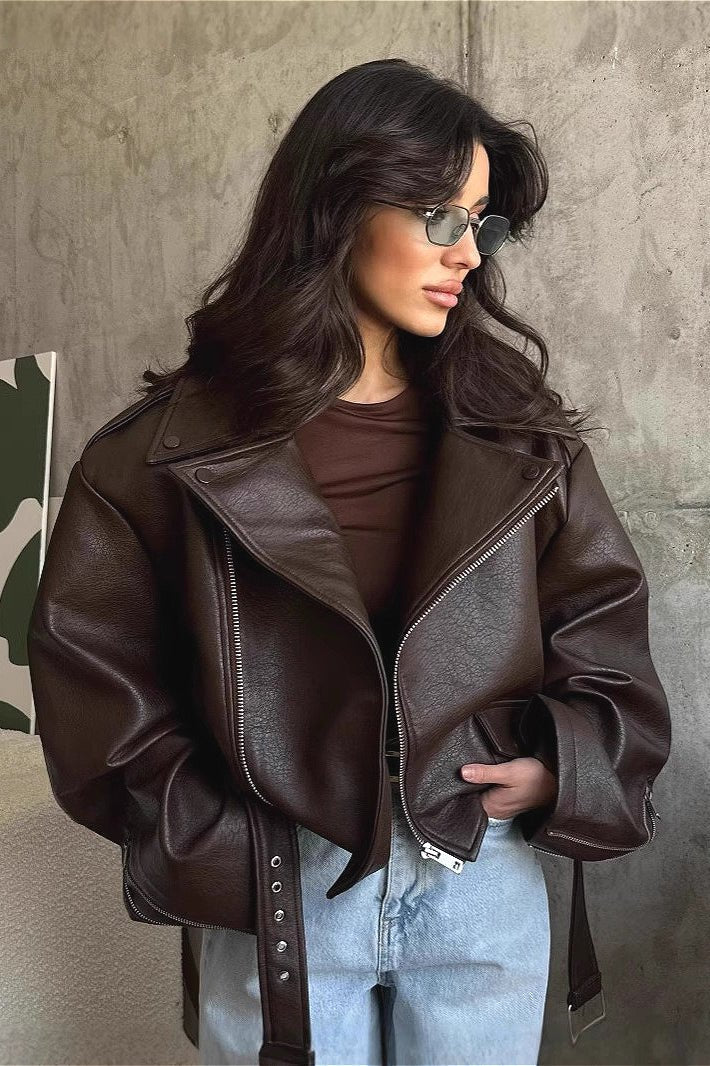 Cropped Vintage Vegan Leather Jacket – Chic Zip Jacket