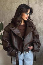 Cropped Vintage Vegan Leather Jacket – Chic Zip Jacket