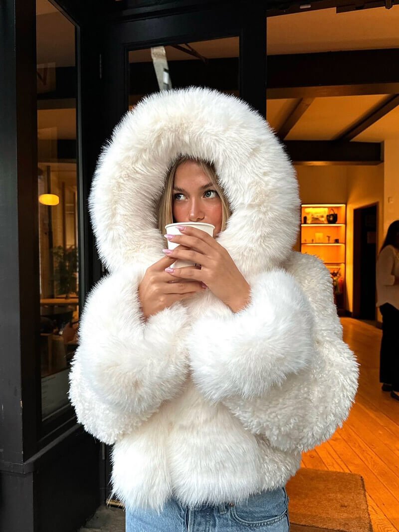 White Hooded Faux Fur Jacket – Fluffy Winter Coat