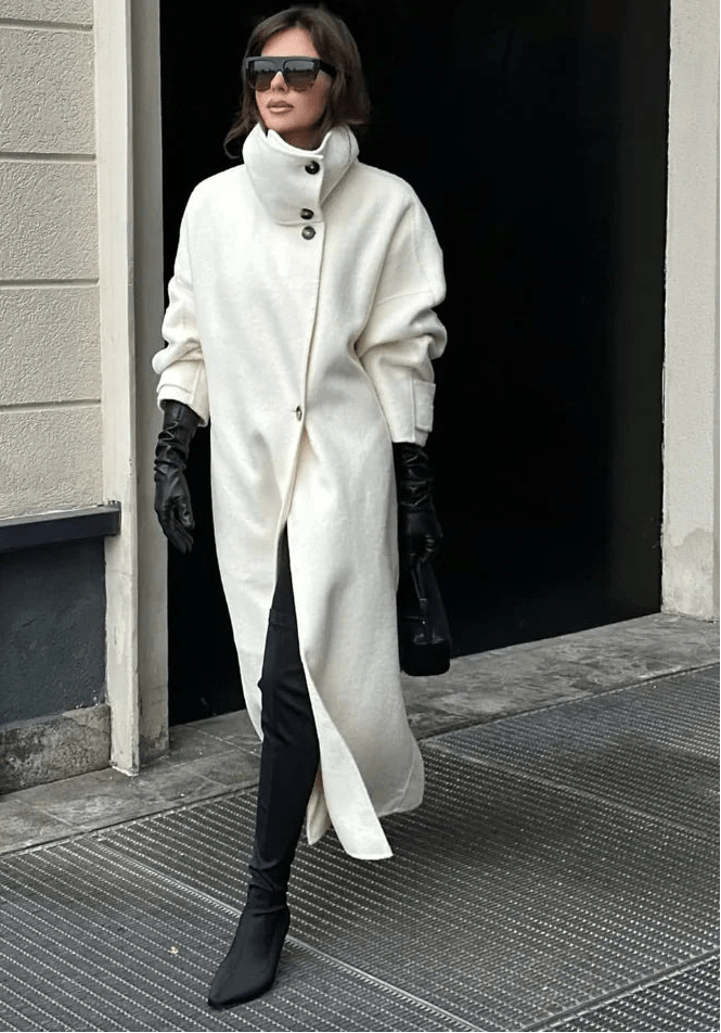 Off White Long Coat with Stand Collar – Single Breasted Tailored Coat