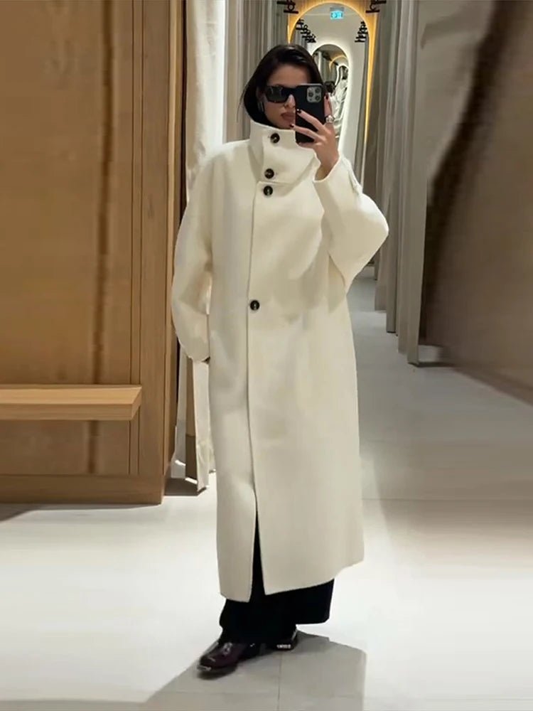 Off White Long Coat with Stand Collar – Single Breasted Tailored Coat