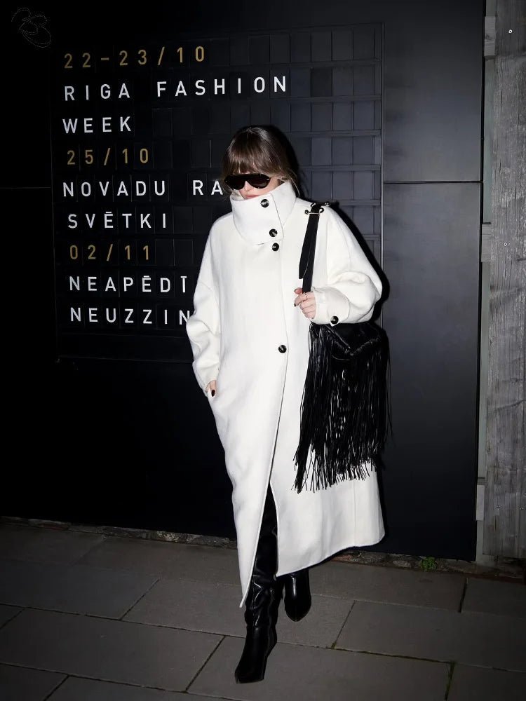 Off White Long Coat with Stand Collar – Single Breasted Tailored Coat