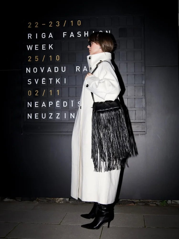 Off White Long Coat with Stand Collar – Single Breasted Tailored Coat