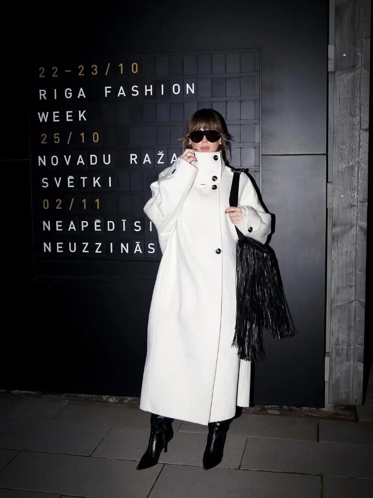 Off White Long Coat with Stand Collar – Single Breasted Tailored Coat