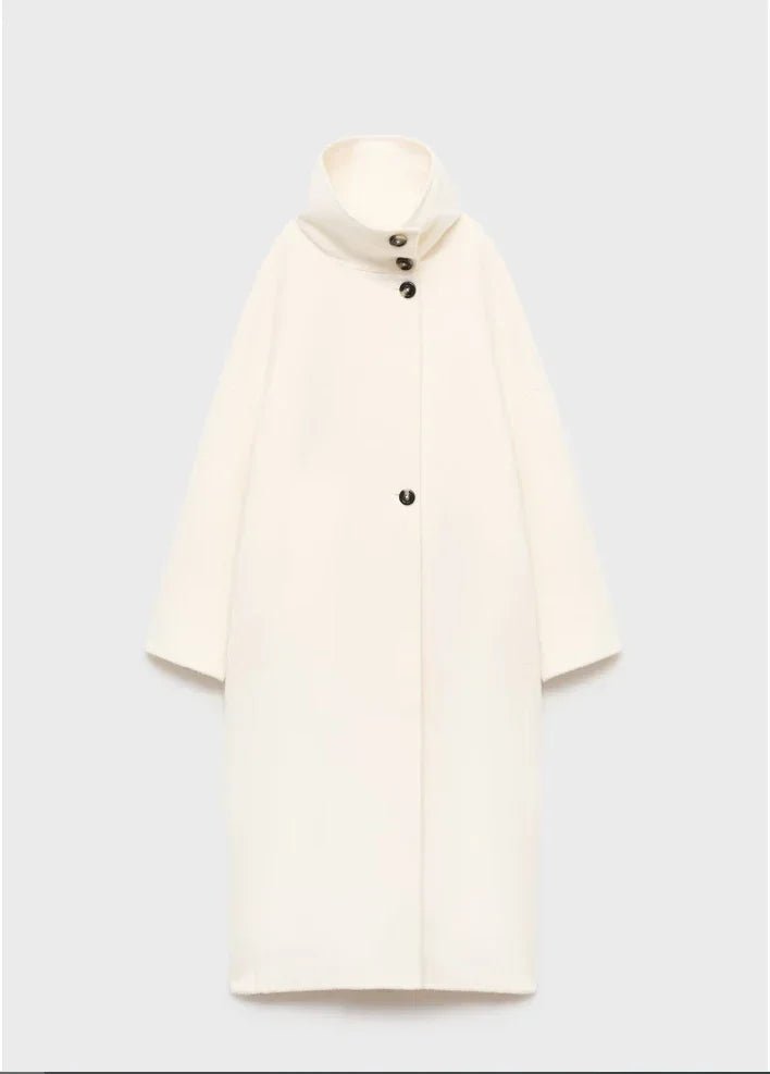 Off White Long Coat with Stand Collar – Single Breasted Tailored Coat
