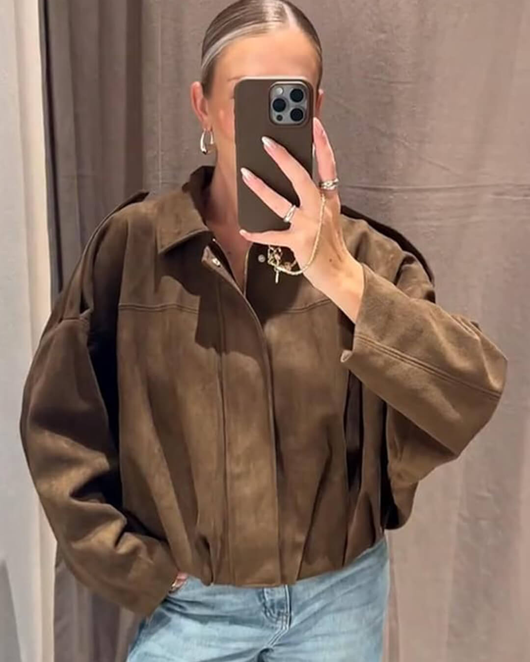 Suede Look Bomber Jacket – Relaxed Oversized Zip Jacket