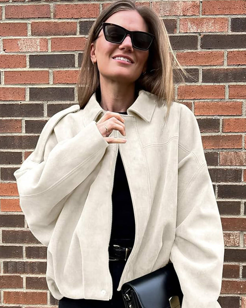Suede Look Bomber Jacket – Relaxed Oversized Zip Jacket
