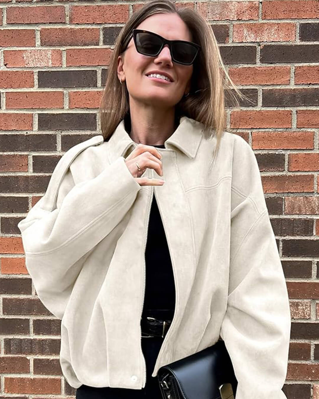 Suede Look Bomber Jacket – Relaxed Oversized Zip Jacket