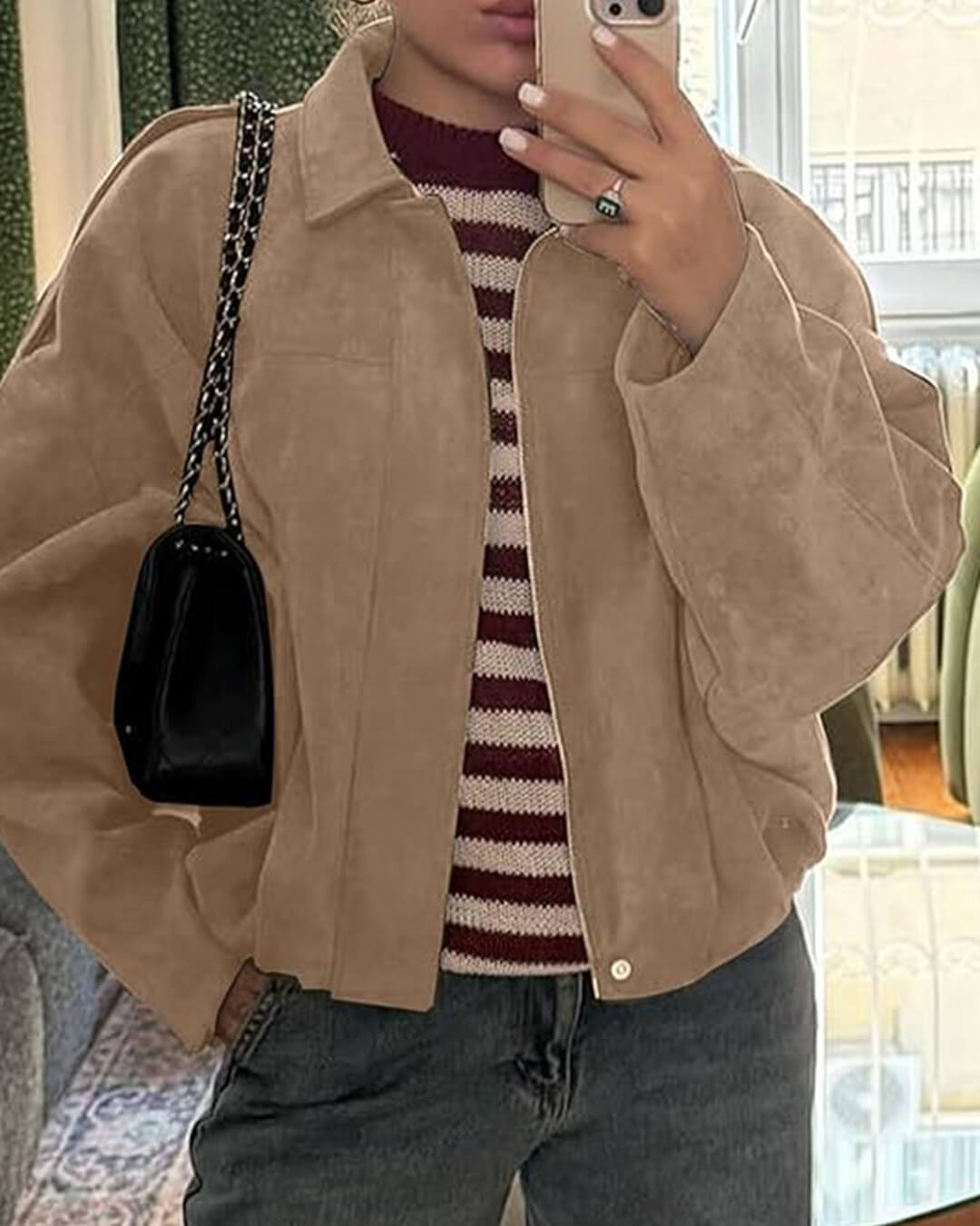 Suede Look Bomber Jacket – Relaxed Oversized Zip Jacket