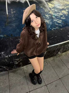 Suede Look Bomber Jacket – Relaxed Oversized Zip Jacket