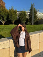 Suede Look Bomber Jacket – Relaxed Oversized Zip Jacket