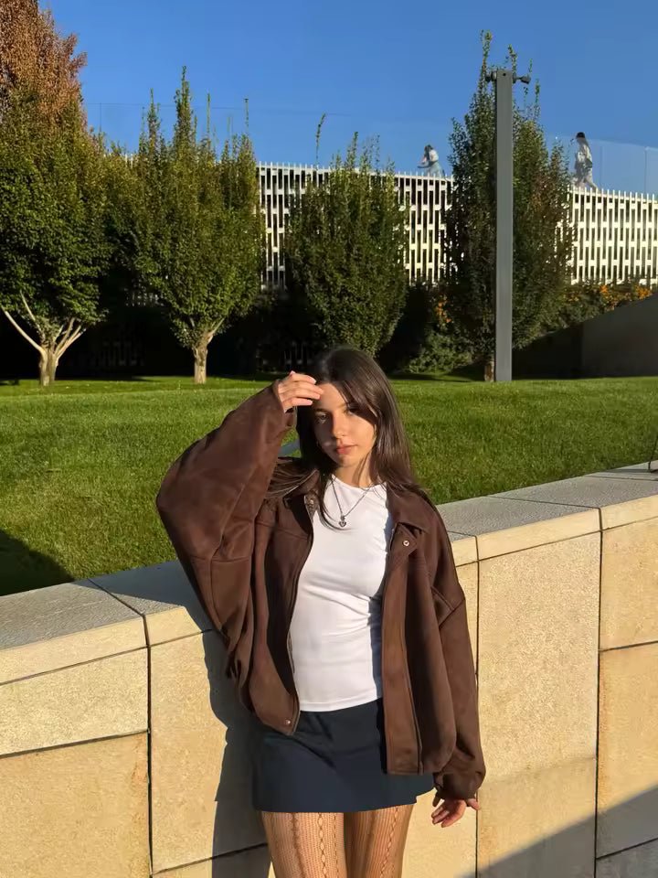 Suede Look Bomber Jacket – Relaxed Oversized Zip Jacket