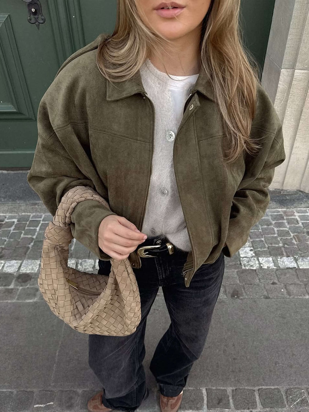 Suede Look Bomber Jacket – Relaxed Oversized Zip Jacket