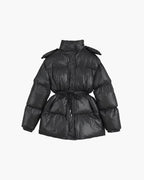Drawstring Hooded Puffer Coat – Adjustable Waist Winter Coat