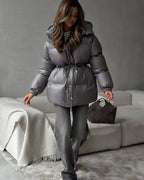 Drawstring Hooded Puffer Coat – Adjustable Waist Winter Coat