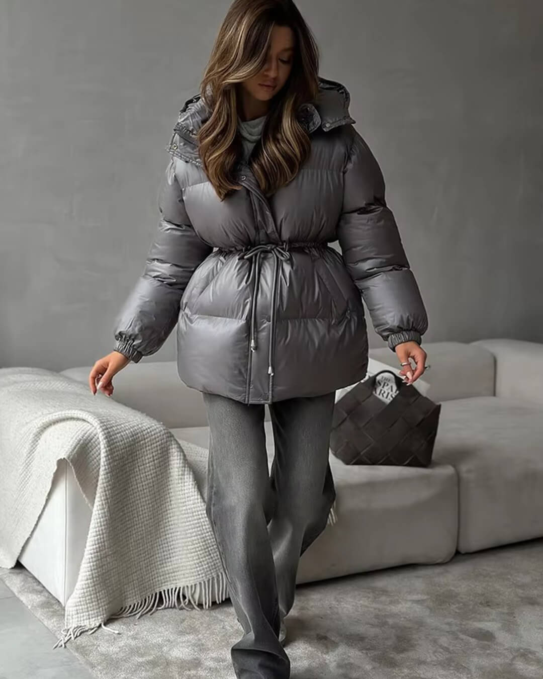 Drawstring Hooded Puffer Coat – Adjustable Waist Winter Coat