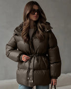 Drawstring Hooded Puffer Coat – Adjustable Waist Winter Coat