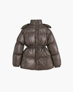 Drawstring Hooded Puffer Coat – Adjustable Waist Winter Coat