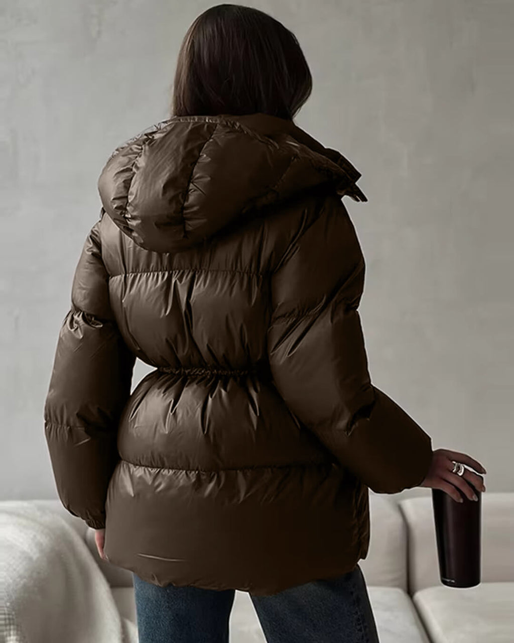 Drawstring Hooded Puffer Coat – Adjustable Waist Winter Coat