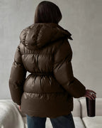 Drawstring Hooded Puffer Coat – Adjustable Waist Winter Coat