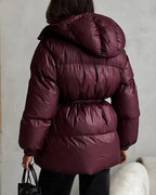 Drawstring Hooded Puffer Coat – Adjustable Waist Winter Coat