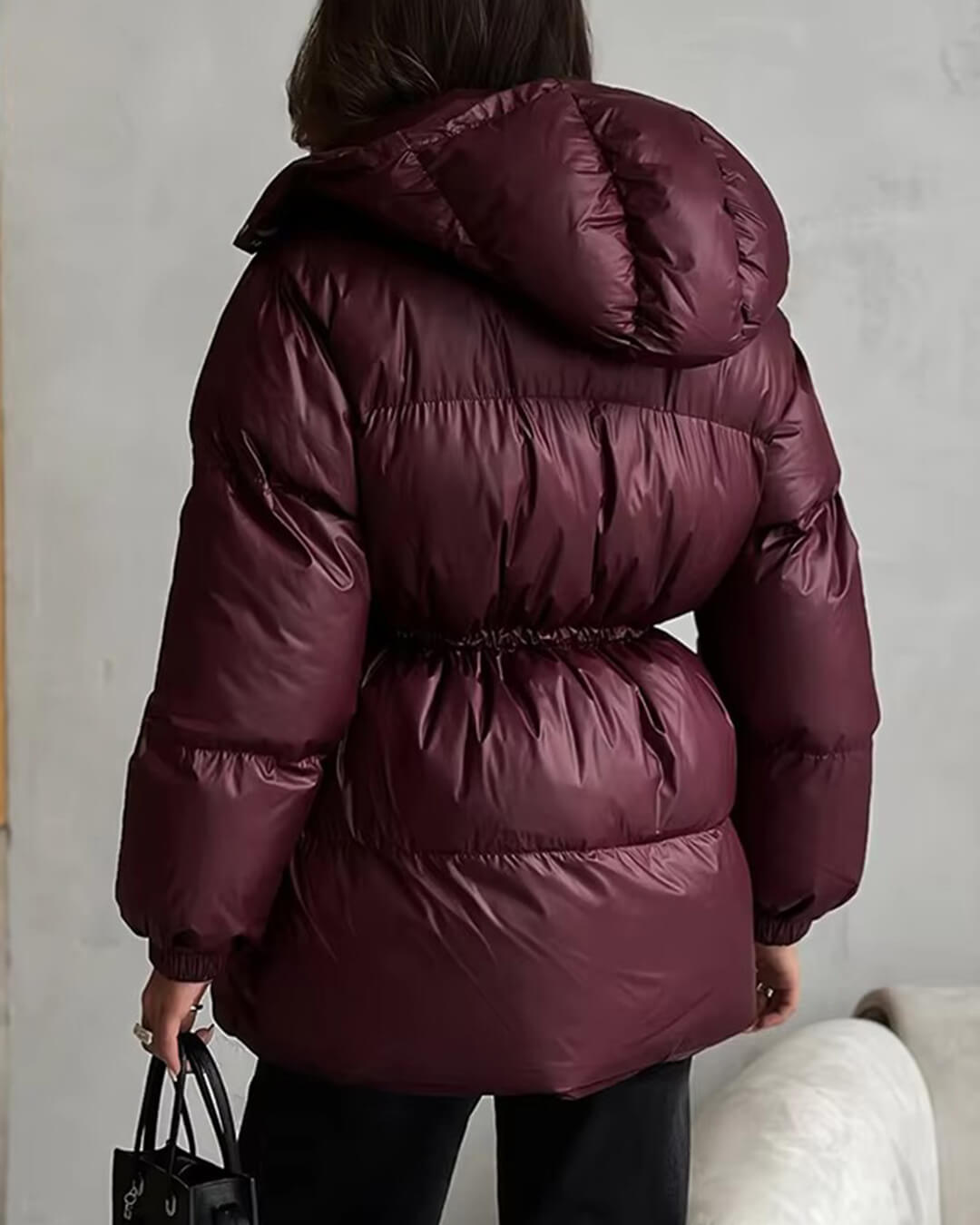 Drawstring Hooded Puffer Coat – Adjustable Waist Winter Coat
