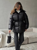Drawstring Hooded Puffer Coat – Adjustable Waist Winter Coat