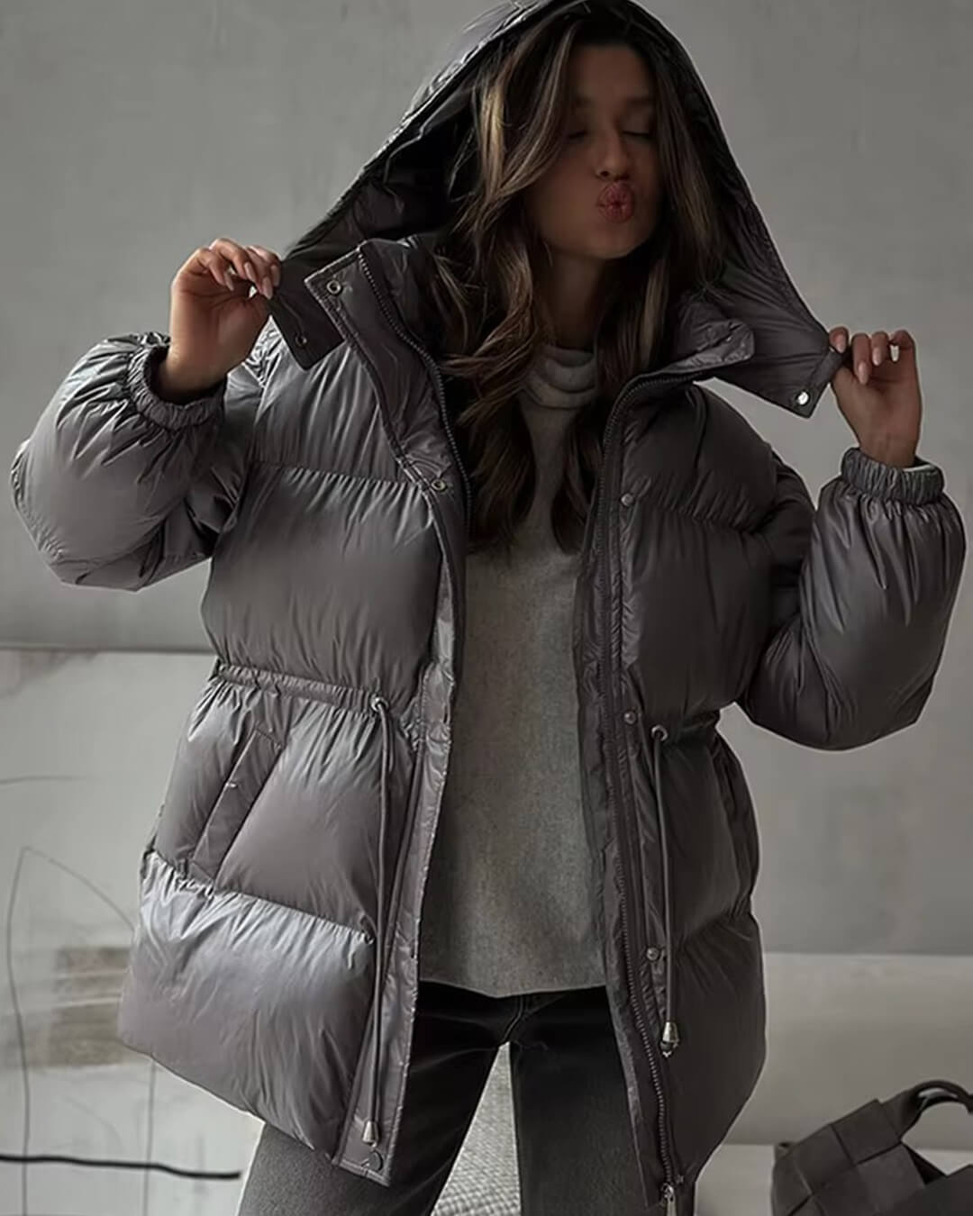 Drawstring Hooded Puffer Coat – Adjustable Waist Winter Coat