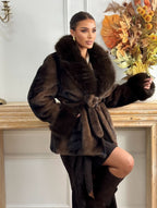 Elegant Coat with Faux Fur Trim – Tie Front Statement Coat