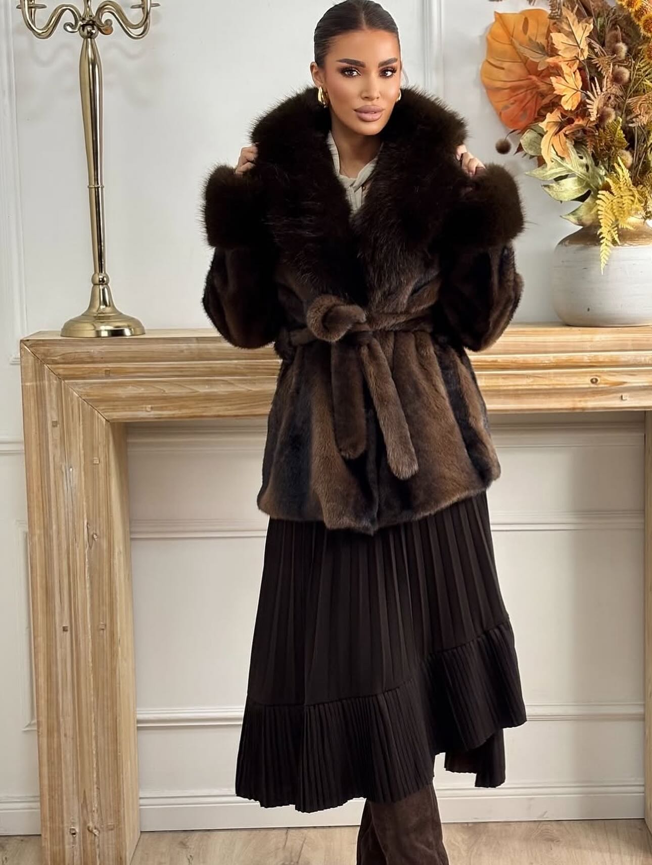 Elegant Coat with Faux Fur Trim – Tie Front Statement Coat