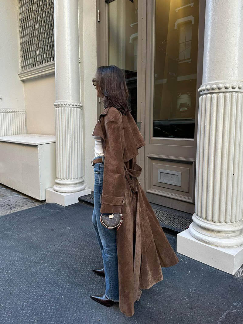 Faux Suede Trench Coat with Belt – Oversized Wrap Coat