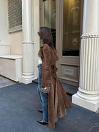 Faux Suede Trench Coat with Belt – Oversized Wrap Coat