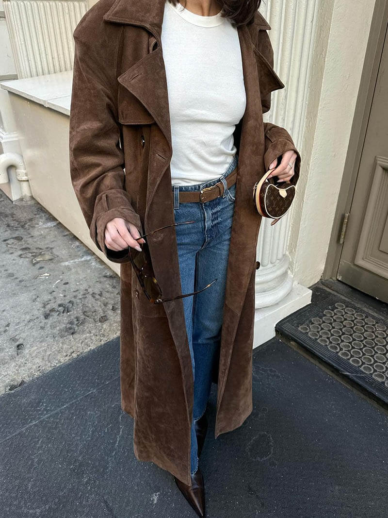 Faux Suede Trench Coat with Belt – Oversized Wrap Coat