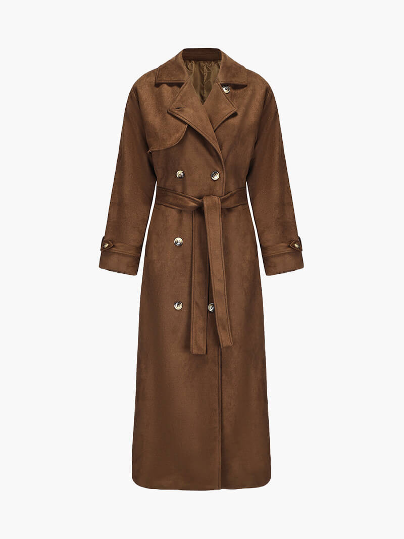 Faux Suede Trench Coat with Belt – Oversized Wrap Coat