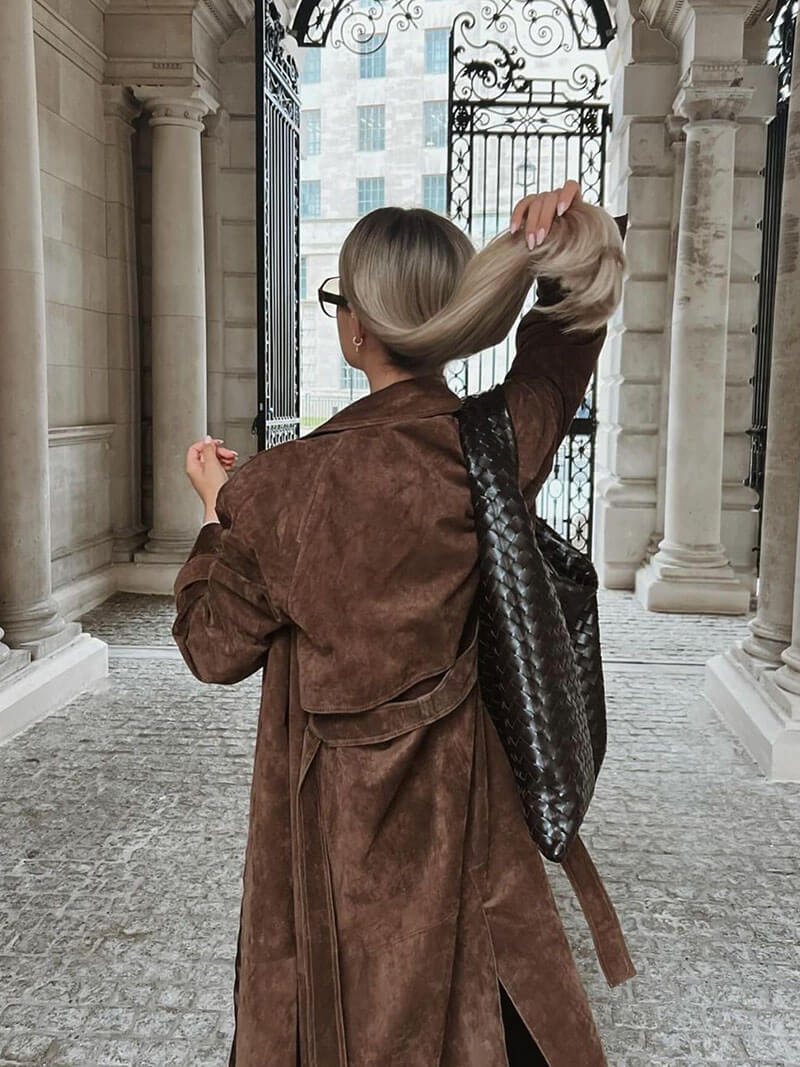 Faux Suede Trench Coat with Belt – Oversized Wrap Coat