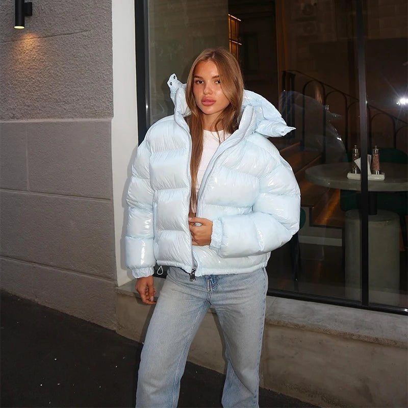 Hooded Puffer Jacket with Stand Collar – Thick Insulated Winter Coat